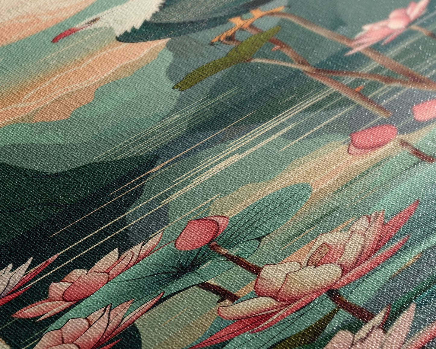 Majestic Eagle Over Lotus Pond Skinny Art Tall Art Japanese Ukiyo-e Inspired Nature Framed Canvas Print for Home and Office