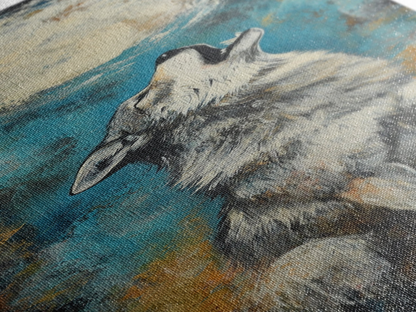 Full Moon Howling Wolf Canvas Print moody art, celestial wall art, nighttime painting, rustic decor, mountain painting, above bed wall art, blue and green wall art, bedroom art, southwest wall art