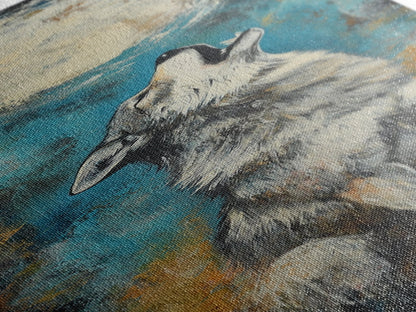 Full Moon Howling Wolf Canvas Print moody art, celestial wall art, nighttime painting, rustic decor, mountain painting, above bed wall art, blue and green wall art, bedroom art, southwest wall art