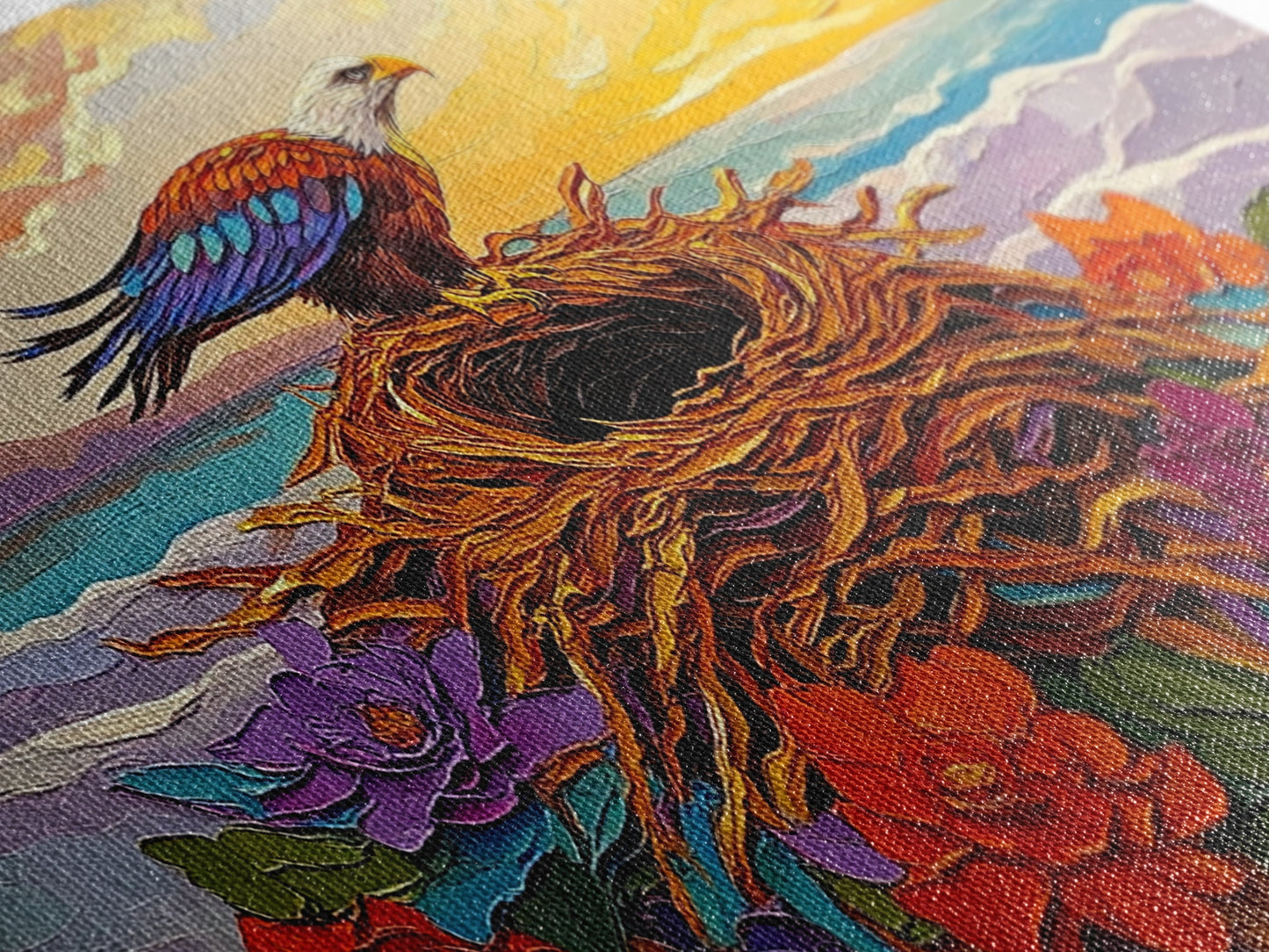 Bald Eagle Nest, bird art, mountain painting, moody art, southwest wall art, patriotic decor, nature art, Framed Canvas Print