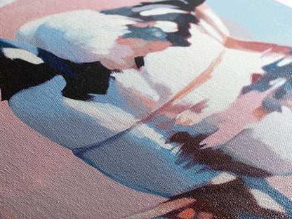 Waterfowl Reflection, bird art, lake Tahoe art, coastal painting, wildlife decor, pink orange wall art, framed canvas print