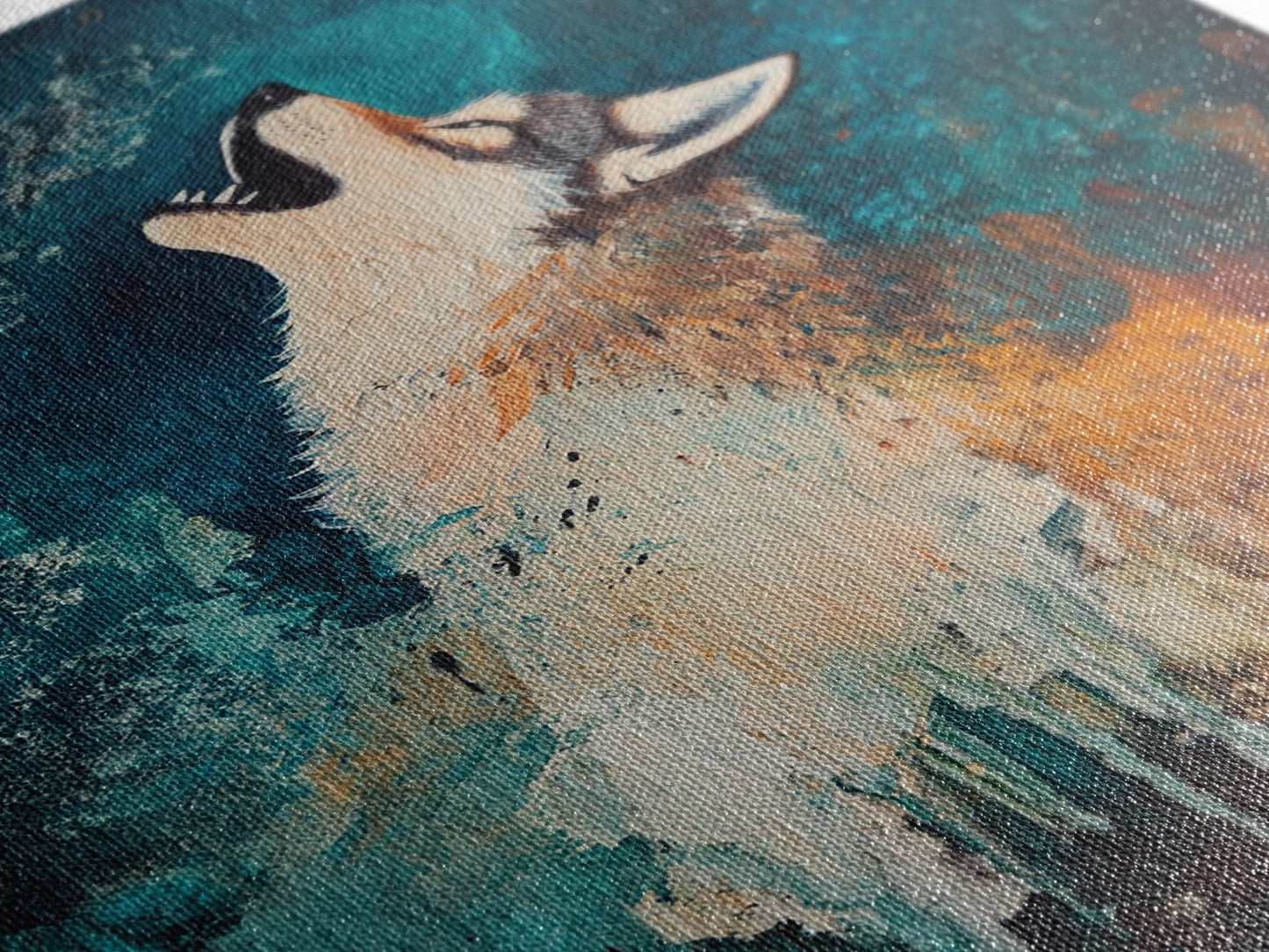 Abstract Wolf, howling at moon, moody blue tones, modern rustic art, wildlife painting, framed canvas print, dark romance painting