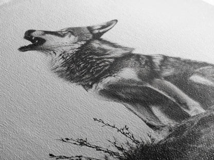 Howling Wolf, wildlife art, moody art, rustic decor, nature photography, black and white animal print, framed canvas print, minimalist art