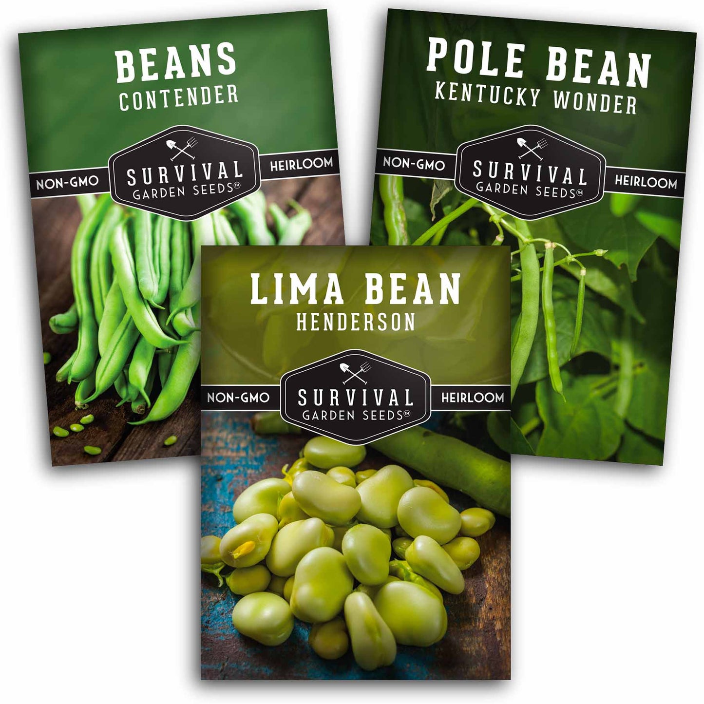 Bean Seed Collection – Contender Bush Beans, Kentucky Wonder Pole Beans & Henderson Lima Beans