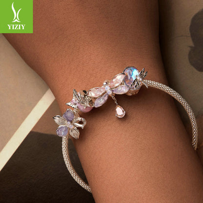 Silver Charm Pink Butterfly DIY Silicone Positioning Bracelet with Separated Beads Romantic Spring Day s925 Pure Silver Beads Loose Beads