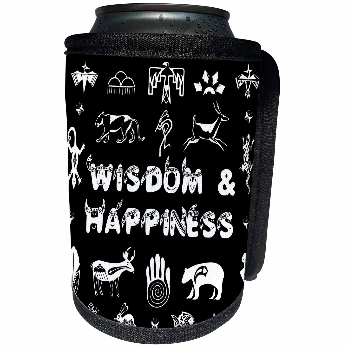 3dRose Alexis Design - Positive - Native American symbols, text WISDOM AND HAPPINESS white on black - Can Cooler Bottle Wrap (cc_283702)