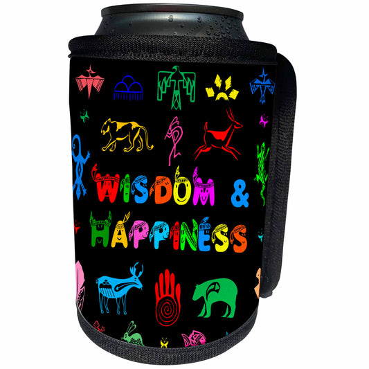 3dRose Alexis Design - Positive - Colorful Native American symbols, text WISDOM AND HAPPINESS on black - Can Cooler Bottle Wrap (cc_283703)
