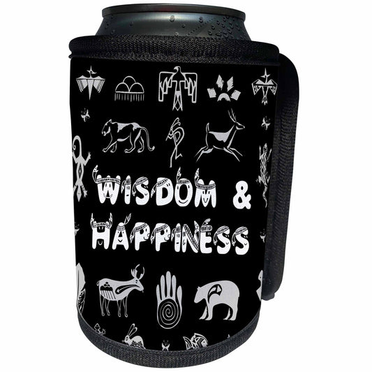 3dRose Alexis Design - Positive - Native American symbols, text WISDOM AND HAPPINESS grey on black - Can Cooler Bottle Wrap (cc_283705)