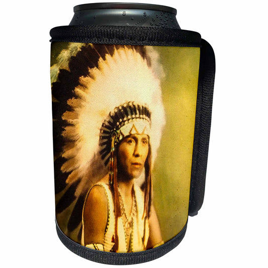 3dRose Scenes from the Past - Magic Lantern - Native American in Eagle Feather War Bonnet American Plains Indian - Can Cooler Bottle Wrap (cc_301319)