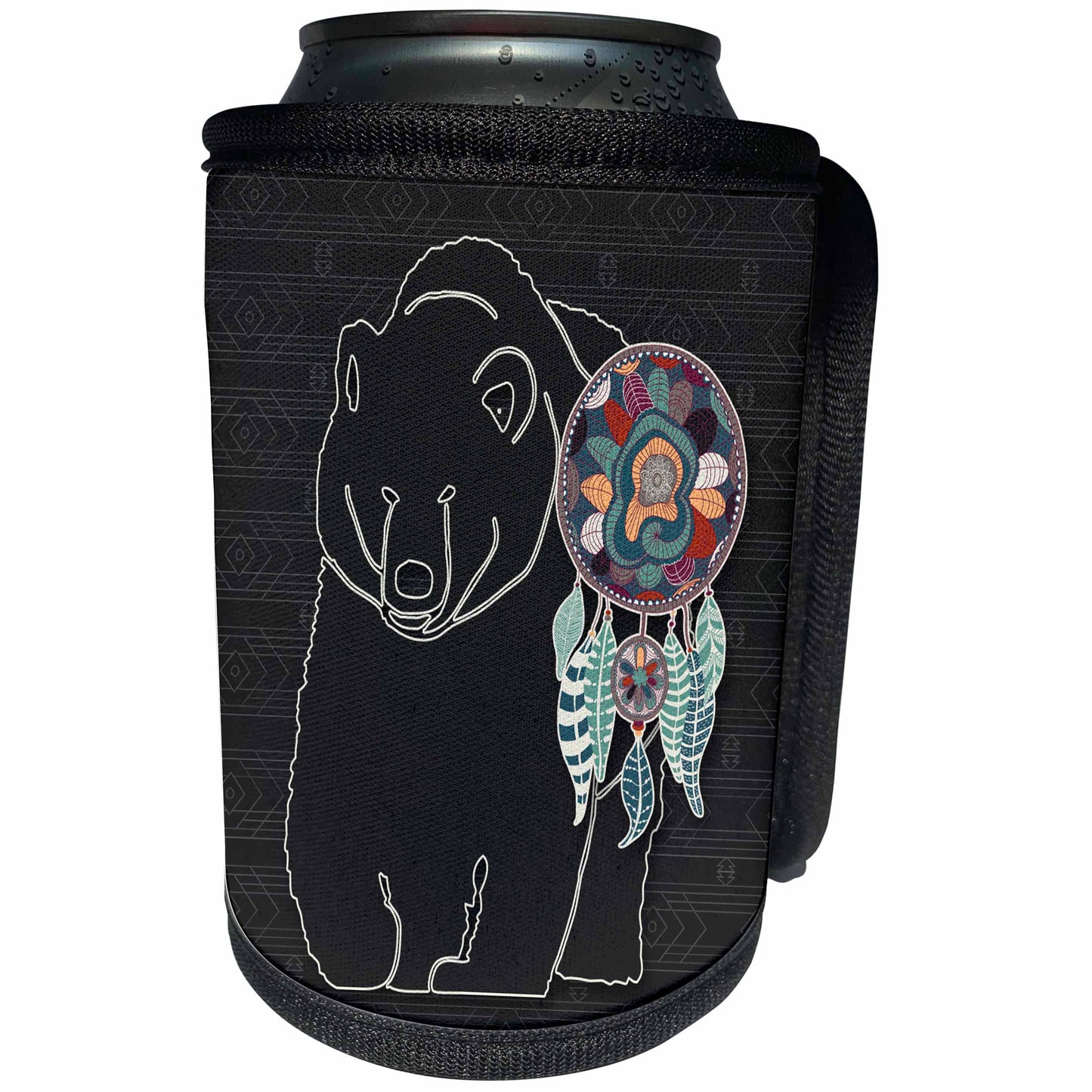 3dRose Doreen Erhardt Native American - Northern American Indian Bear on a Tribal Charcoal Gray Background - Can Cooler Bottle Wrap (cc_304645)