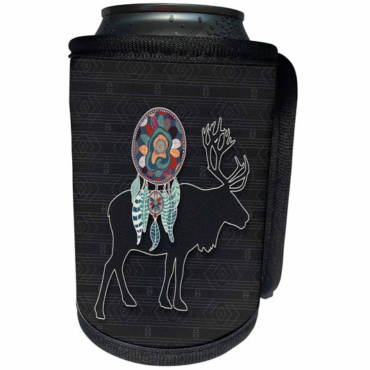 3dRose Doreen Erhardt Native American - Woodland Caribou in Native American Theme on Charcoal Pattern - Can Cooler Bottle Wrap (cc_304651)