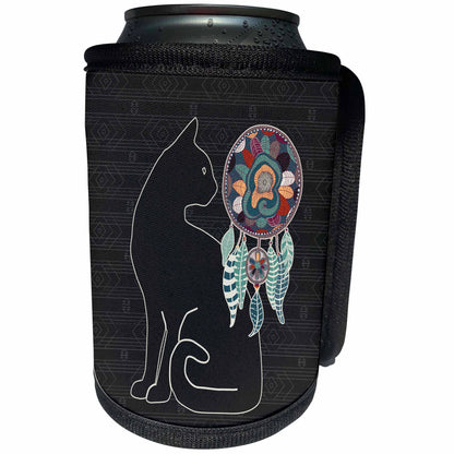 3dRose Doreen Erhardt Native American - Domestic Cat Silhouette with Dream Catcher Native American Animal - Can Cooler Bottle Wrap (cc_304652)