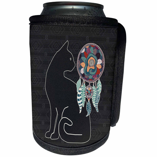 3dRose Doreen Erhardt Native American - Domestic Cat Silhouette with Dream Catcher Native American Animal - Can Cooler Bottle Wrap (cc_304652)