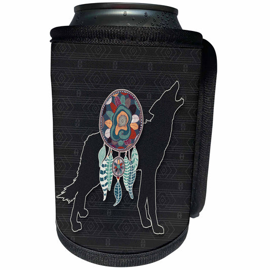3dRose Doreen Erhardt Native American - Wild Coyote with Dream Catcher Native American Animal Guide - Can Cooler Bottle Wrap (cc_304656)