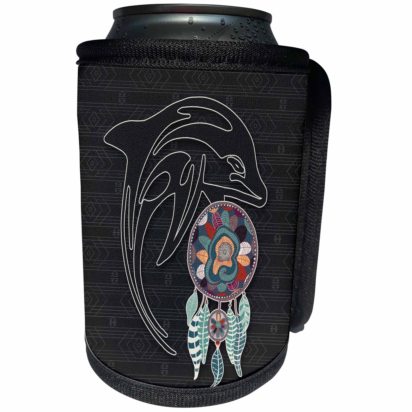3dRose Doreen Erhardt Native American - Native American in Charcoal Gray Hues with a Dolphin - Can Cooler Bottle Wrap (cc_304660)