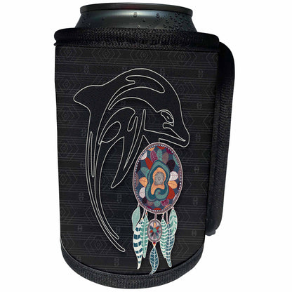 3dRose Doreen Erhardt Native American - Native American in Charcoal Gray Hues with a Dolphin - Can Cooler Bottle Wrap (cc_304660)