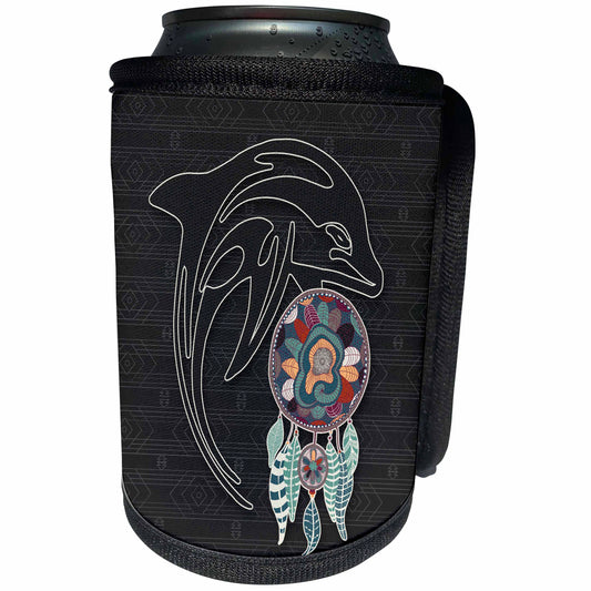 3dRose Doreen Erhardt Native American - Native American in Charcoal Gray Hues with a Dolphin - Can Cooler Bottle Wrap (cc_304660)