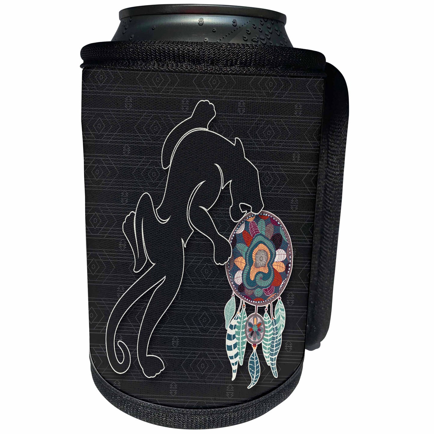 3dRose Doreen Erhardt Native American - Jaguar and Dream Catcher in Tribal Patterned Native American Theme - Can Cooler Bottle Wrap (cc_304664)