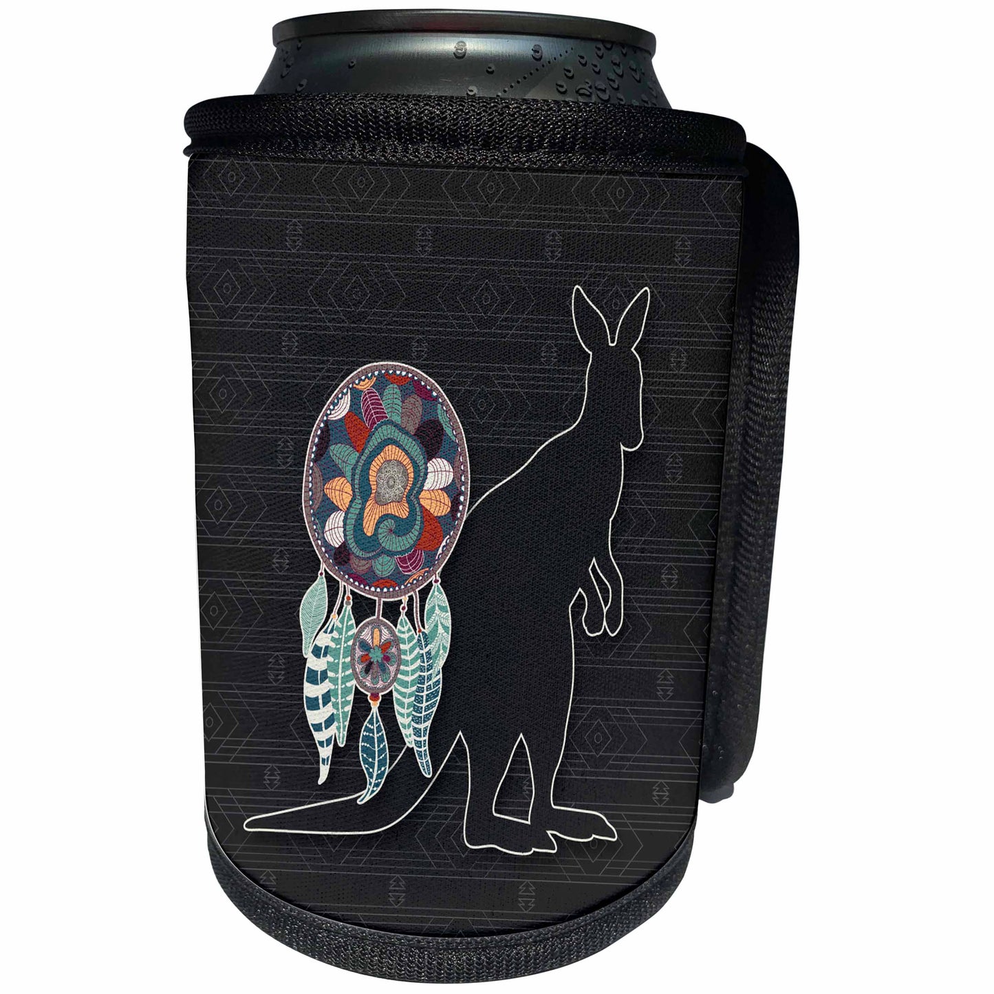 3dRose Doreen Erhardt Native American - Tribal Pattern in Charcoal Gray and Native American Kangaroo - Can Cooler Bottle Wrap (cc_304665)