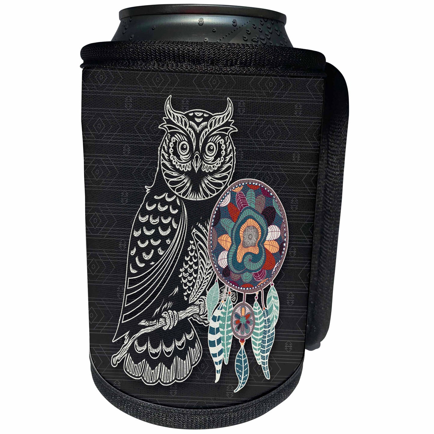 3dRose Doreen Erhardt Native American - A Great Horned Owl in Stylized Silhouette and Native American Theme - Can Cooler Bottle Wrap (cc_304668)