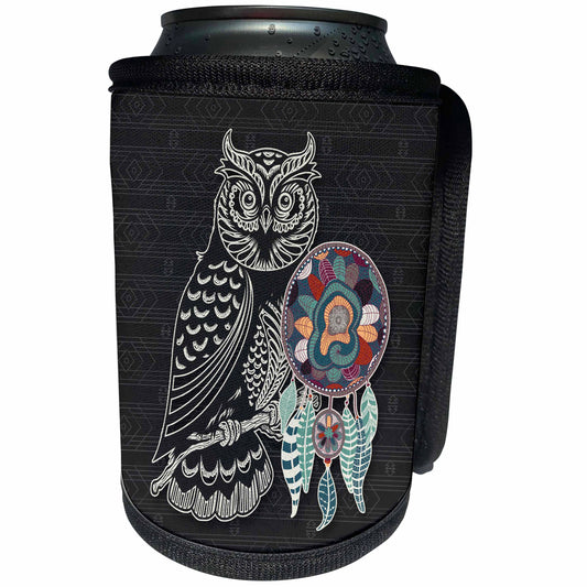 3dRose Doreen Erhardt Native American - A Great Horned Owl in Stylized Silhouette and Native American Theme - Can Cooler Bottle Wrap (cc_304668)