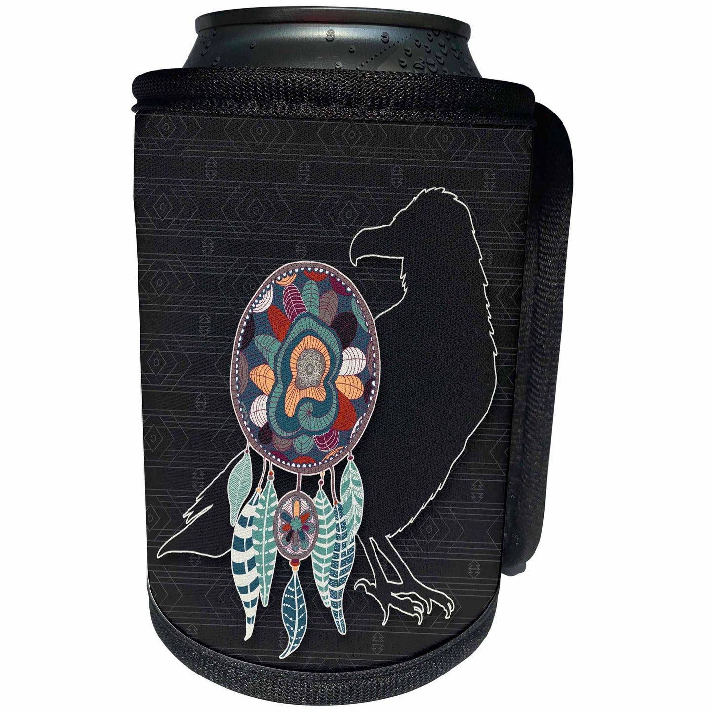 3dRose Doreen Erhardt Native American - Raven with Dream Catcher Animal Spirit Guide Native American - Can Cooler Bottle Wrap (cc_304669)