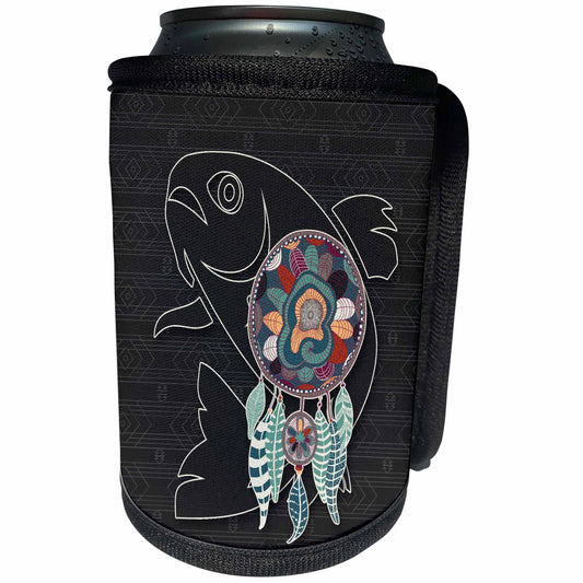 3dRose Doreen Erhardt Native American - Animal Guide Spirit a Salmon Fish with Dream Catcher Native American - Can Cooler Bottle Wrap (cc_304671)