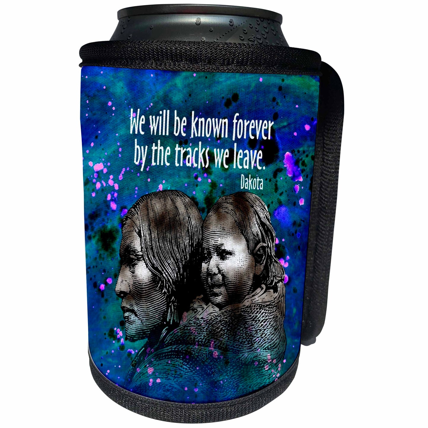 3dRose Russ Billington Watercolor Designs - By the Tracks that We Leave- Dakota Native American Quotation - Can Cooler Bottle Wrap (cc_310381)
