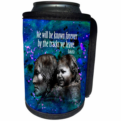 3dRose Russ Billington Watercolor Designs - By the Tracks that We Leave- Dakota Native American Quotation - Can Cooler Bottle Wrap (cc_310381)