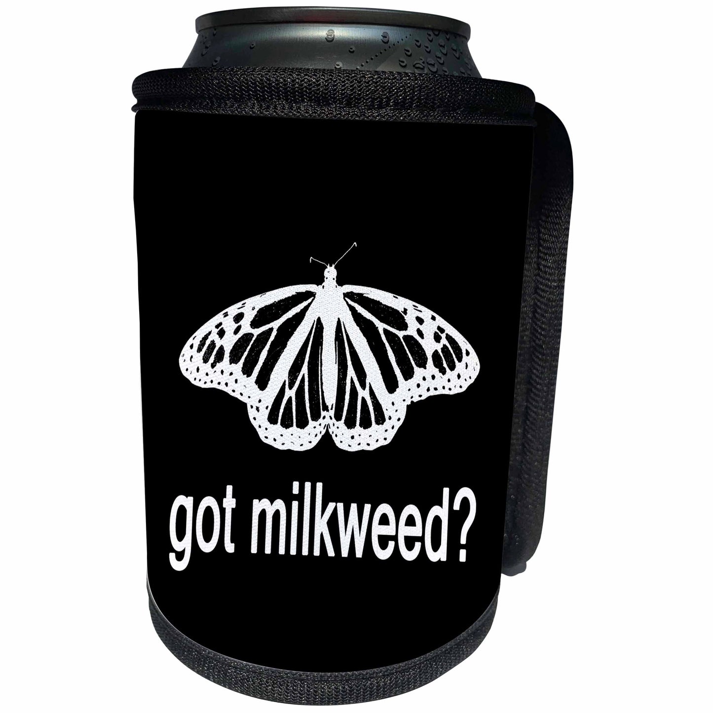 3dRose Stamp of a Monarch butterfly with Got Milkweed on black... - Can Cooler Bottle Wrap (cc-384794)