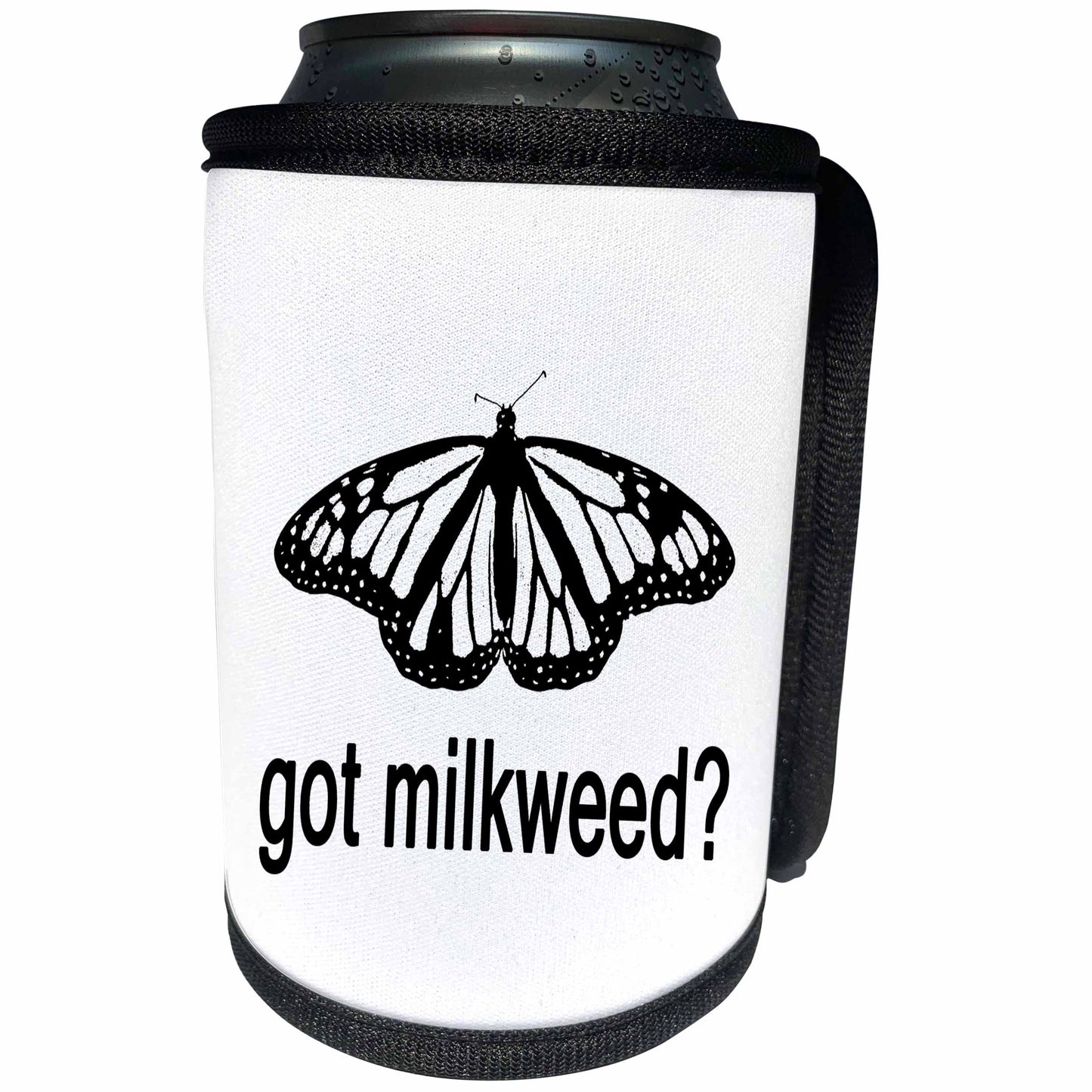 3dRose Stamp of a Monarch butterfly with Got Milkweed on white... - Can Cooler Bottle Wrap (cc-384795)
