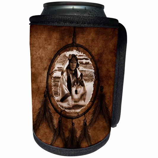 3dRose Doreen Erhardt Native American - Brown Native American Wolf based on a painting by Martin Basmajian - Can Cooler Bottle Wrap (cc_52256)