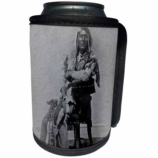 3dRose Scenes from the Past Vintage Stereoviews - 1870 Portrait of Native American Son of Washikee Stereoview Black and White - Can Cooler Bottle Wrap (cc_77371)