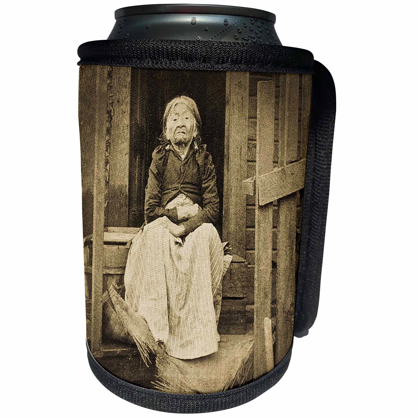 3dRose Scenes from the Past Vintage Stereoviews - Adeline Princess of Seattle 100 Year Old Native American Indian Woman Stereoview Sepia - Can Cooler Bottle Wrap (cc_77373)