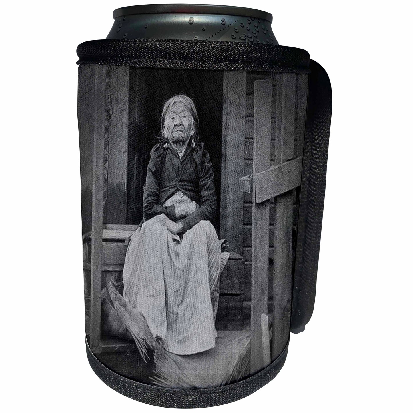 3dRose Scenes from the Past Vintage Stereoviews - Adeline Princess of Seattle 100 Year Old Native American Indian Woman Stereoview Black and White - Can Cooler Bottle Wrap (cc_77374)