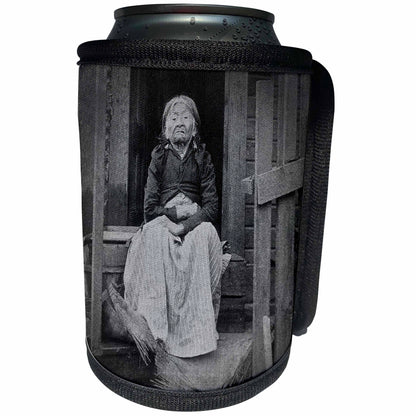 3dRose Scenes from the Past Vintage Stereoviews - Adeline Princess of Seattle 100 Year Old Native American Indian Woman Stereoview Black and White - Can Cooler Bottle Wrap (cc_77374)