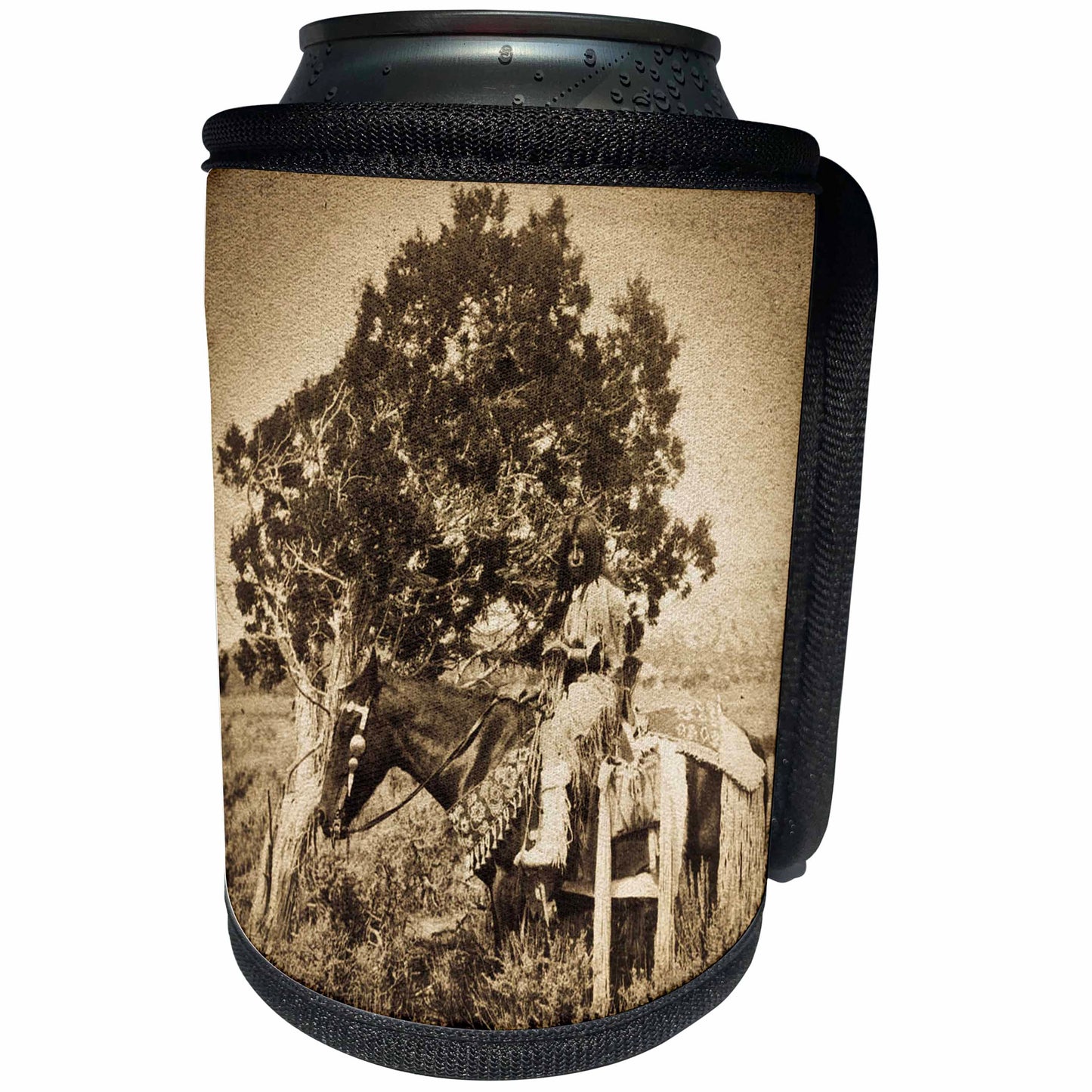 3dRose Scenes from the Past Vintage Stereoviews - Native American Girl on Horseback Vintage Stereoview Sepia - Can Cooler Bottle Wrap (cc_77382)