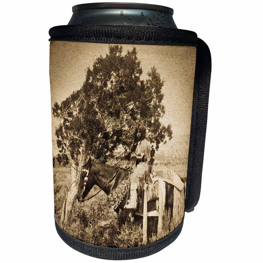 3dRose Scenes from the Past Vintage Stereoviews - Native American Girl on Horseback Vintage Stereoview Sepia - Can Cooler Bottle Wrap (cc_77382)