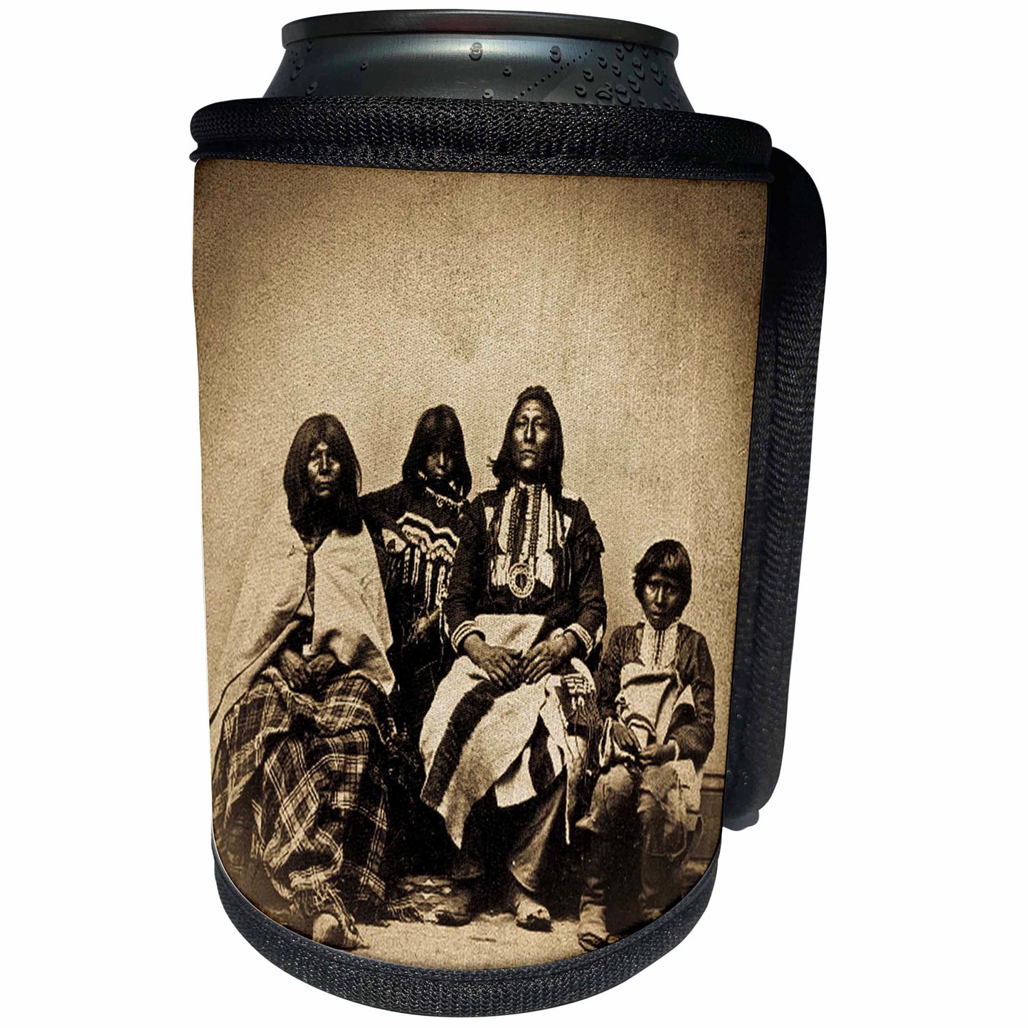 3dRose Scenes from the Past Vintage Stereoviews - Native American Ute Indian Family Portrait Stereoview by CR Savage Sepia - Can Cooler Bottle Wrap (cc_77385)
