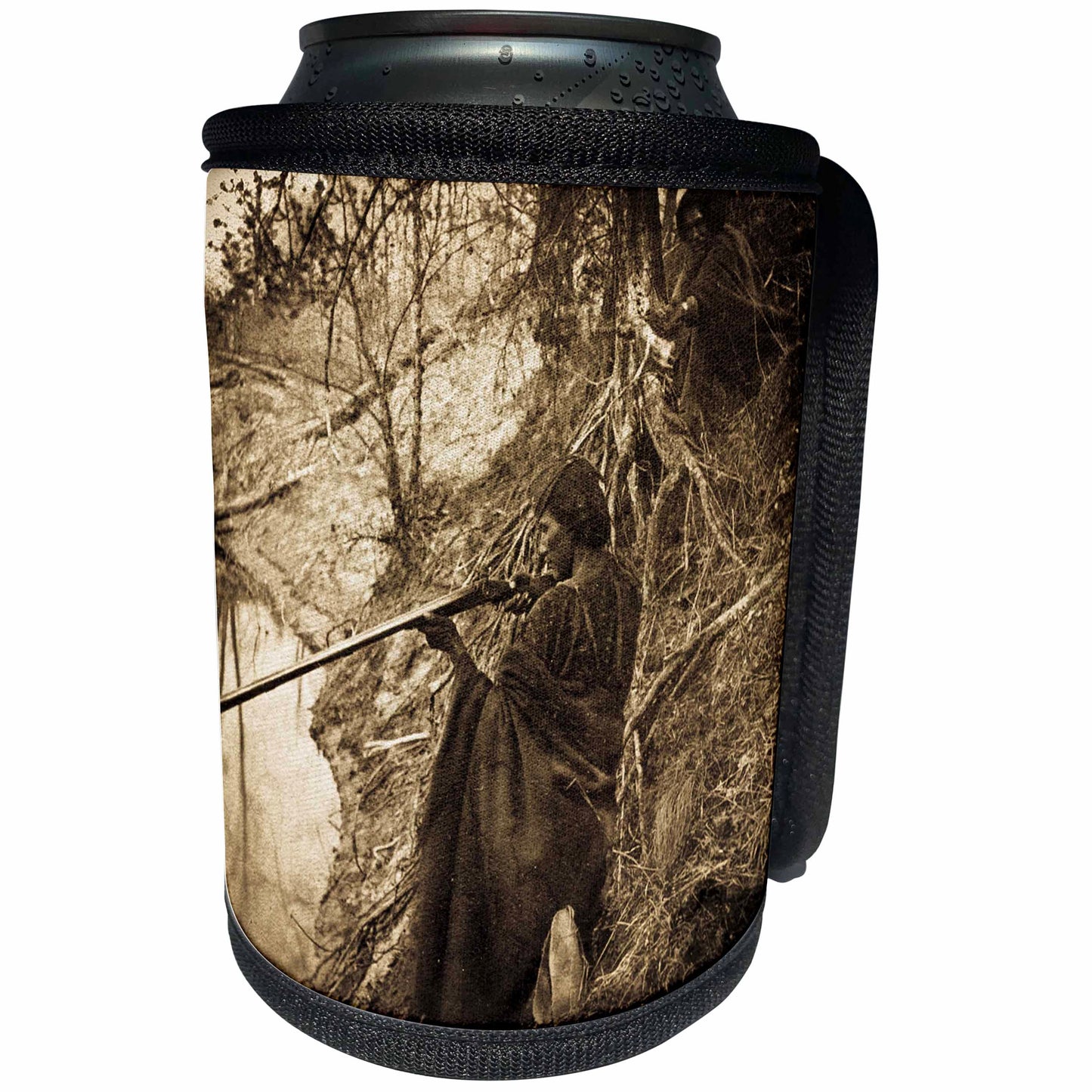 3dRose Scenes from the Past Vintage Stereoviews - Native American Warrior Indian Chief Hunting Stereoview Sepia - Can Cooler Bottle Wrap (cc_77388)