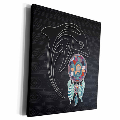 3dRose Native American in Charcoal Gray Hues with a Dolphin - Museum Grade Canvas Wrap (cw_304660)