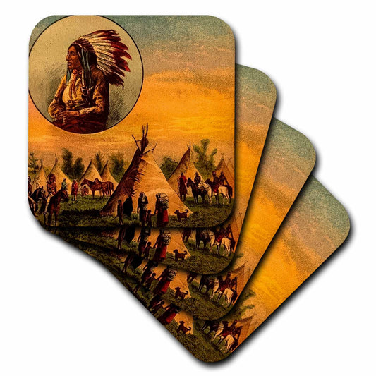 3dRose Scenes from the Past Magic Lantern Slide - Vintage illustration of Native American from a Magic Lantern slide. - Coasters (cst_240418)