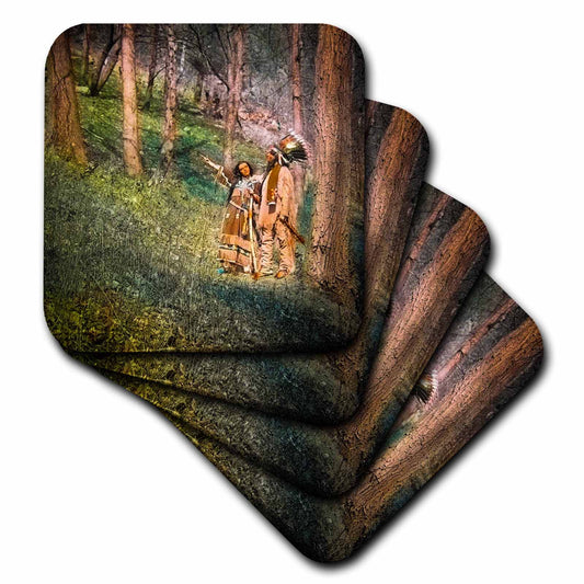 3dRose Scenes from The Past Magic Lantern Slide - Magic Lantern Native Americans in The Woods Vintage - Coasters (CST_240522)