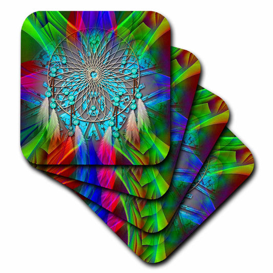 3dRose Spiritual Awakenings Native American Indian - Abstract Bright Fractal Colors with a Indian Dream Catcher - Coasters
