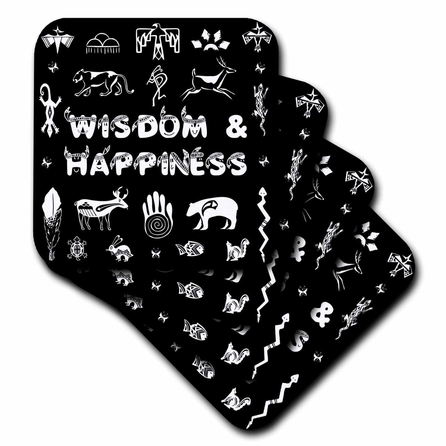 3dRose Alexis Design - Positive - Native American Symbols, Text Wisdom and Happiness White on Black - Coasters