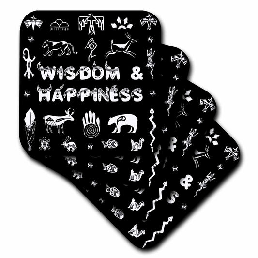 3dRose Alexis Design - Positive - Native American Symbols, Text Wisdom and Happiness White on Black - Coasters