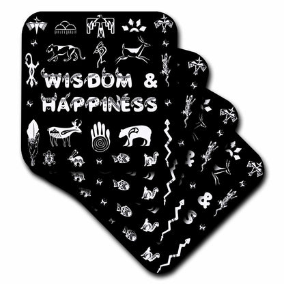 3dRose Alexis Design - Positive - Native American Symbols, Text Wisdom and Happiness White on Black - Coasters