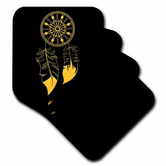 3dRose Two-Feather Native American Dreamcatcher. Yellow on Black - Coasters (CST_326150)