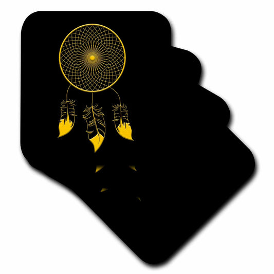 3dRose Three-Feather, Web Like Native American Dreamcatcher. Yellow on Black - Coasters (CST_326151)
