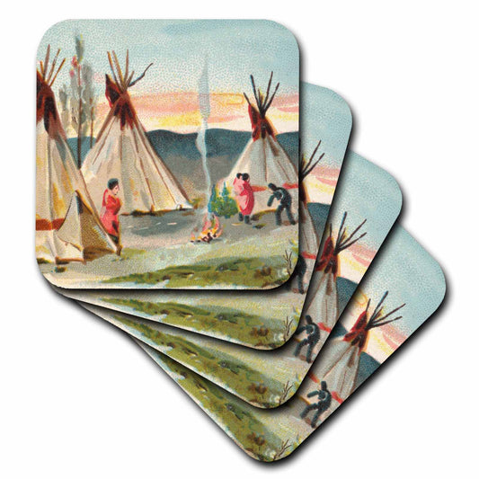 3dRose Native American Wigwam Tent Village Vintage Image of Watercolor Art - Coasters (cst-371857)